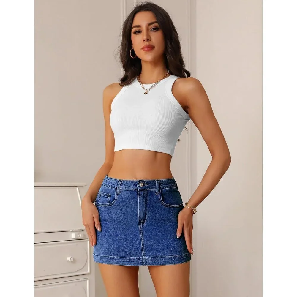 Women Denim Skirt Mini High Waisted Slim Fit Casual Summer with Pockets